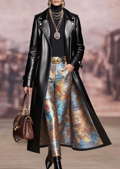 Women Black Peter Pan Collar Pockets Faux Leather Coat Spring