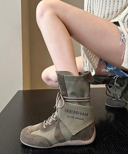 Khaki Boots Canvas Beautiful Splicing Lace Up