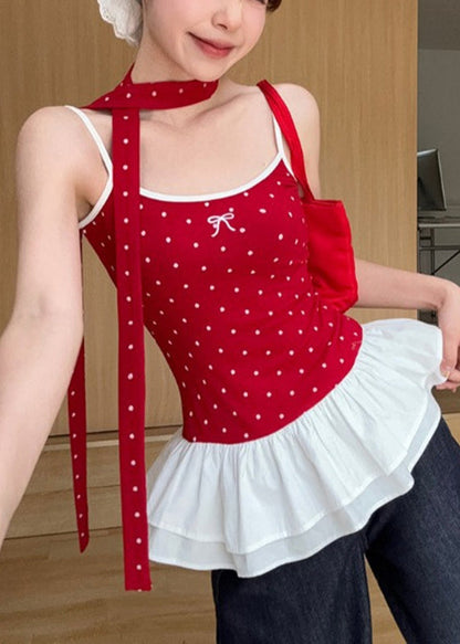 Cute Red Dot Ruffled Patchwork Wrinkled Tank Summer