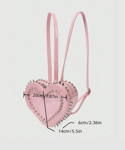 Chic Pink Heart Shape Rivet Faux Leather Backpack Bag