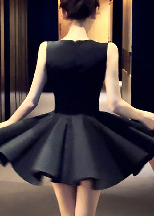 Black High Waist Solid Pleated Dress V Neck Summer