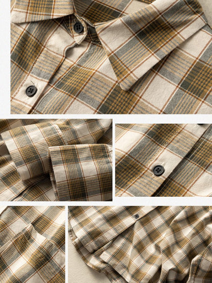 100% Natural Fabric Vintage Loose Mid Length Plaid Shirt