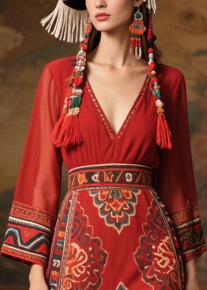 Ethnic Style Red Print Patchwork Chiffon Long Dress Fall