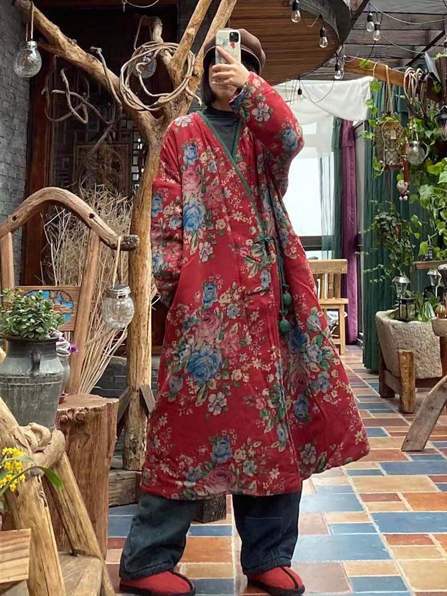 Women Floral Print Ethnic Button Shawl Coat