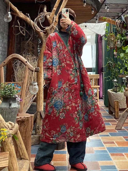 Women Floral Print Ethnic Button Shawl Coat
