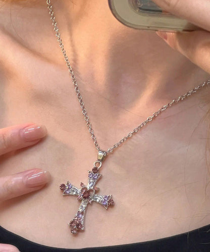 Beautiful Purple Alloy Zircon Cross Lariat Necklace