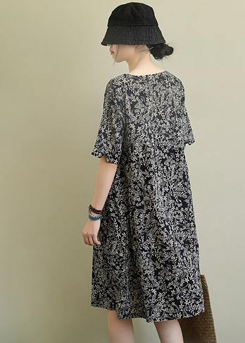 DIY o neck pockets linen summer dress pattern black print Dresses