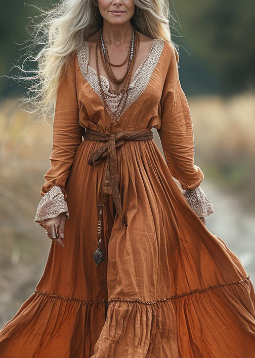 Vintage Pastoral Style V-neck Lace Patchwork Long Dress Spring