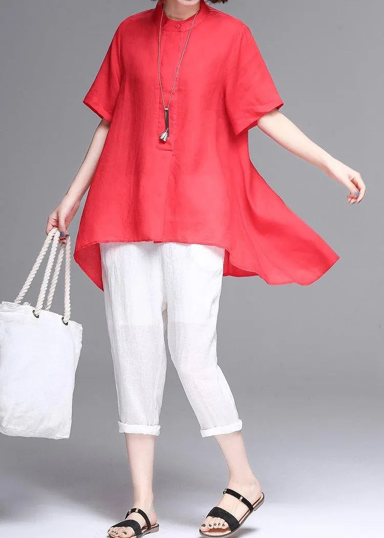 Beautiful stand collar asymmetric cotton women red box blouse summer