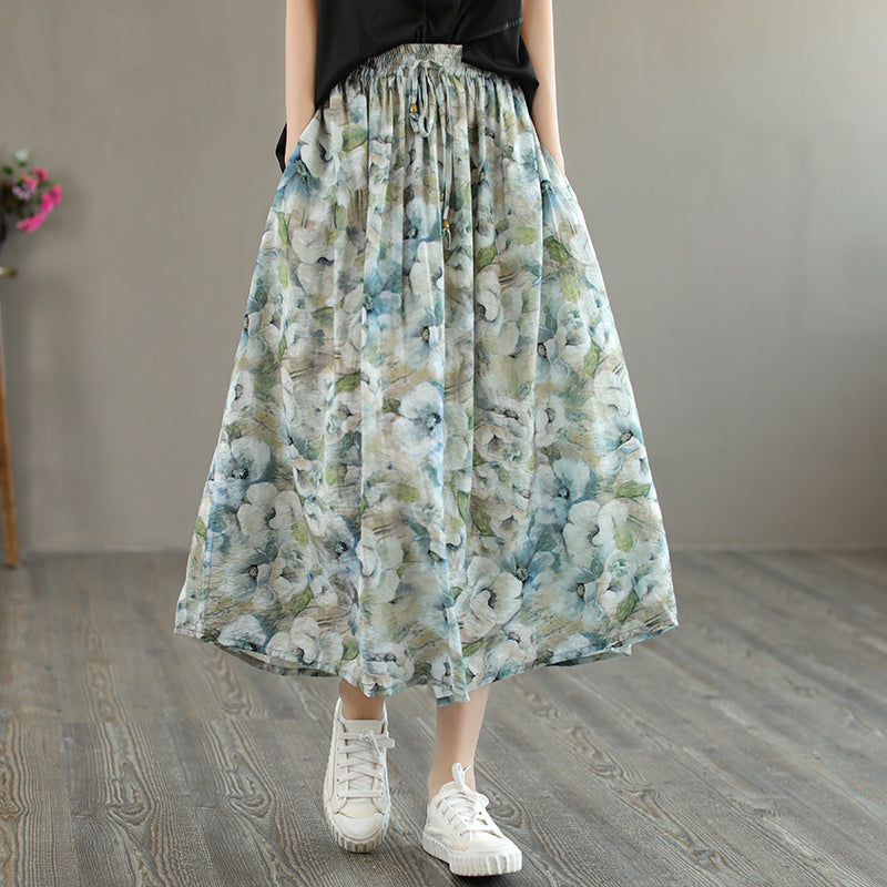 Cozy Linen Retro Loose Floral Printed A-Line Skirt