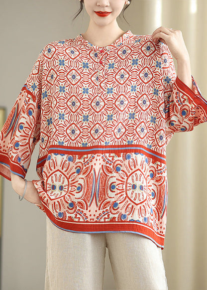 Plus Size Red Oversized Print Tops Bracelet Sleeve