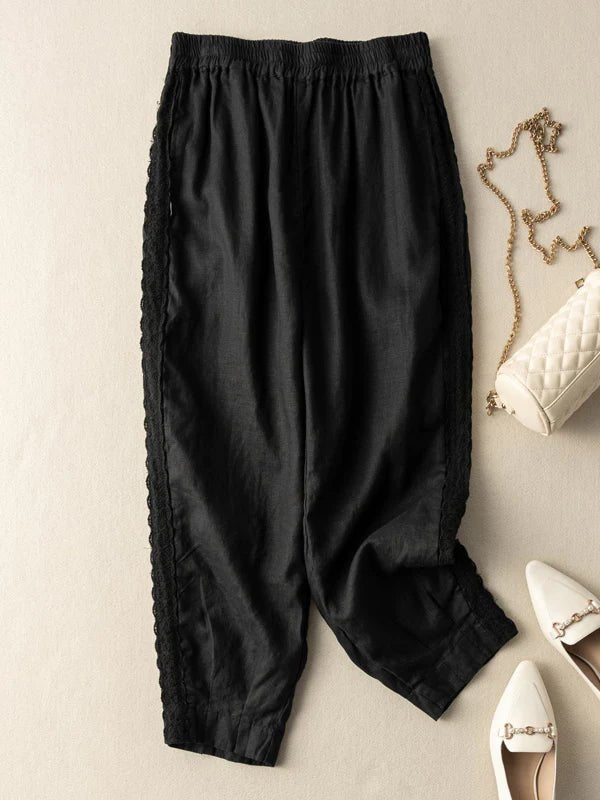 Pure Color Lace Stitching Casual Linen Harem Pants With Pockets