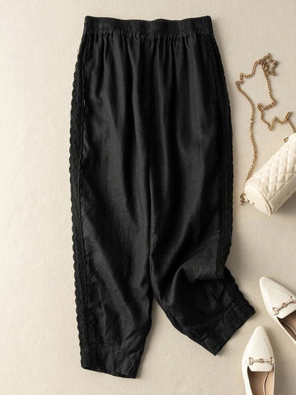 Pure Color Lace Stitching Casual Linen Harem Pants With Pockets