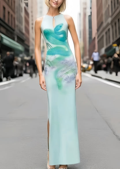 Women Sky Blue Winged Snake Print Silk Wraped Dress Summer