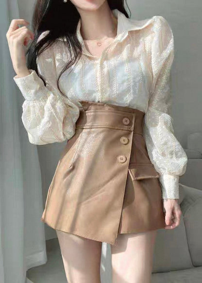 Fashion Beige Lace Button Solid Cotton Shirts Puff Sleeve