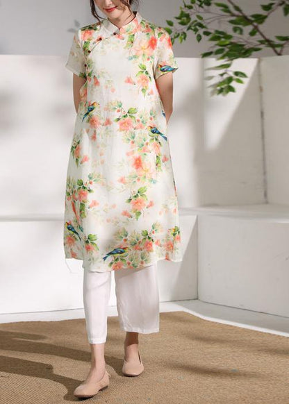 Classy orange floral linen clothes short sleeve Dresses o neck Dress