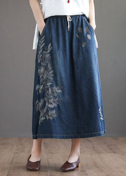Dark Blue Pockets Cotton Denim Skirt Elastic Waist Ripped Cozy