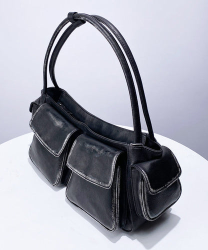 Stylish Black Pockets Durable Faux Leather Satchel Handbag