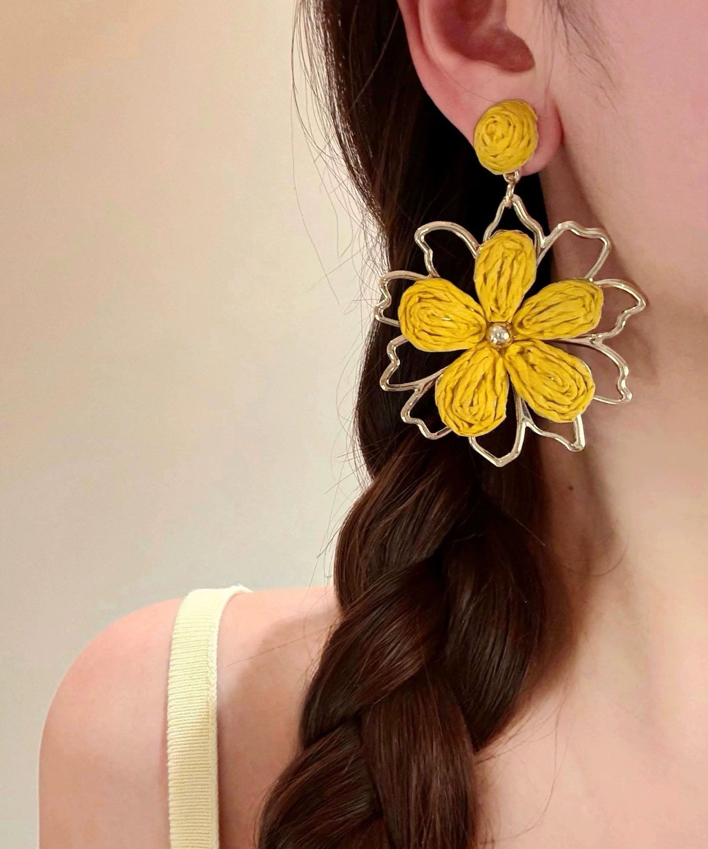 Stylish Yellow Alloy Weavin Hollow Out Floral Drop Earrings