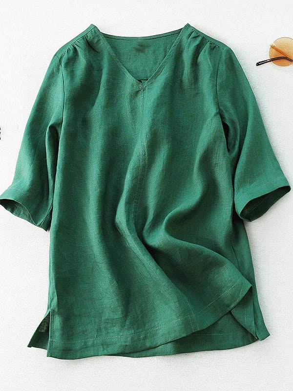 Pure Color V Neck Half Sleeve Casual Linen Tee Top