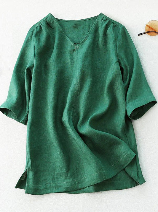 Pure Color V Neck Half Sleeve Casual Linen Tee Top