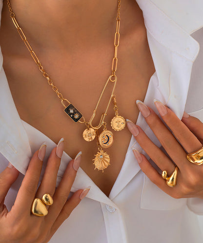 Bohemian Gold Copper Alloy Zircon Pin Asymmetrical Cross Pendant Necklace