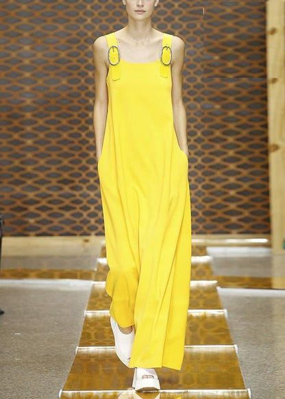 Simple Yellow Pockets Solid Cotton Jumpsuit Pants Sleeveless