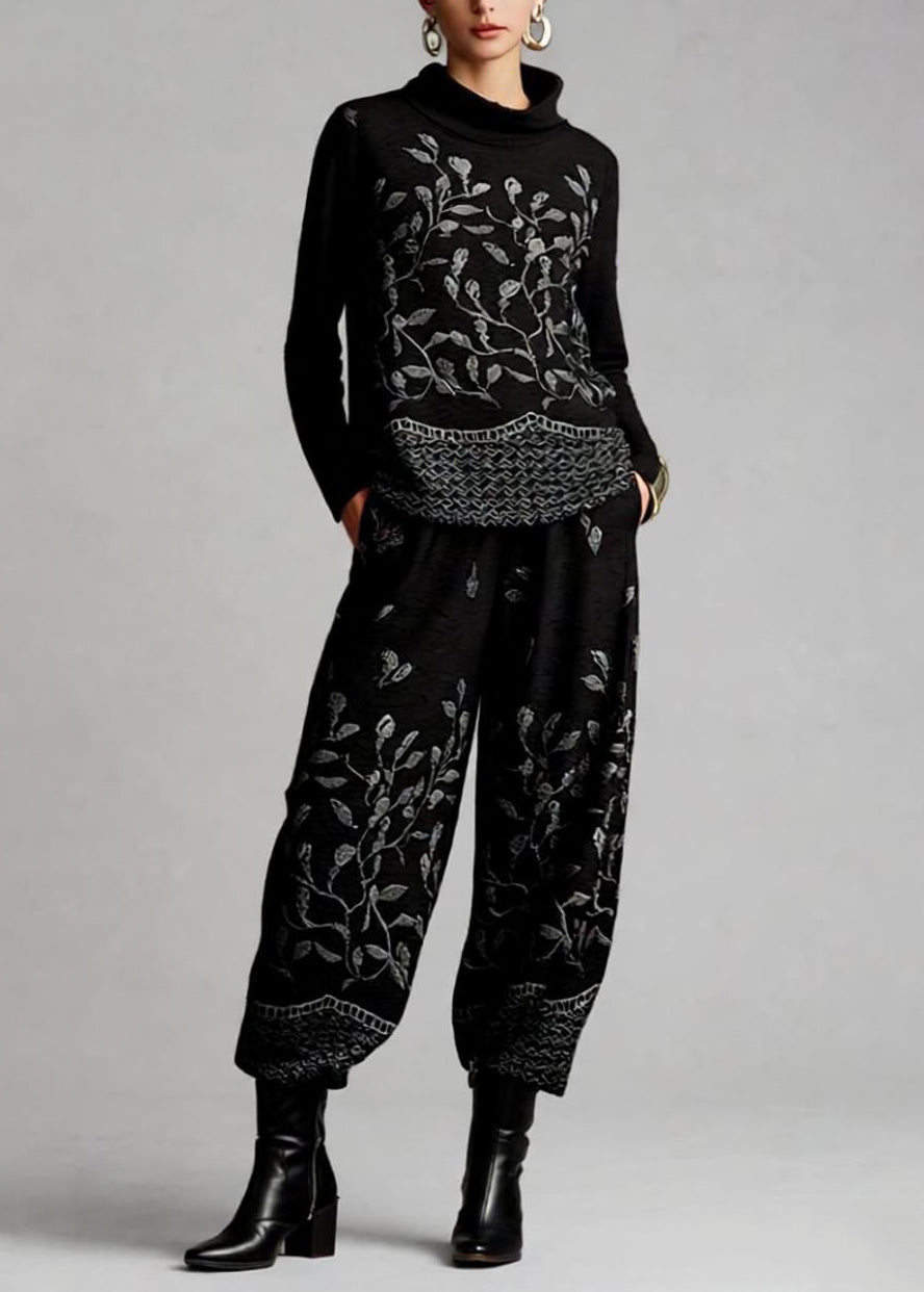 Casual Jacquard Top And Crop Pants Cotton Two Pieces Set Spring
