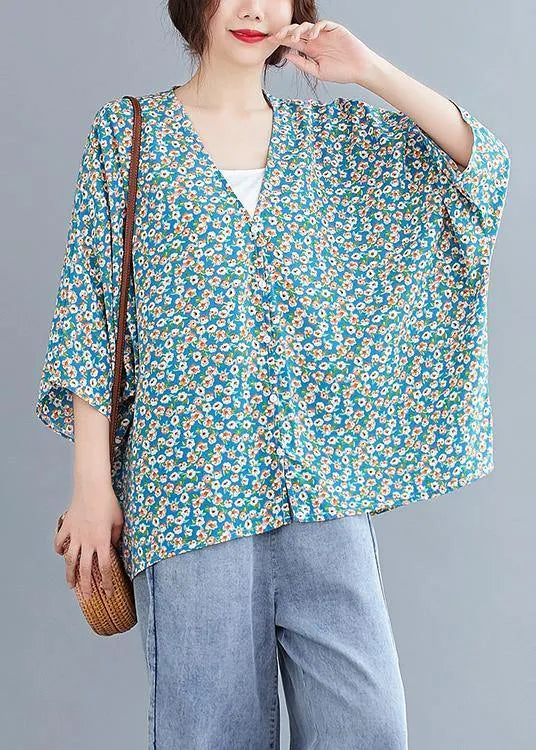 French v neck Batwing Sleeve Blouse Shirts blue floral blouse