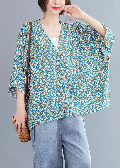 French v neck Batwing Sleeve Blouse Shirts blue floral blouse