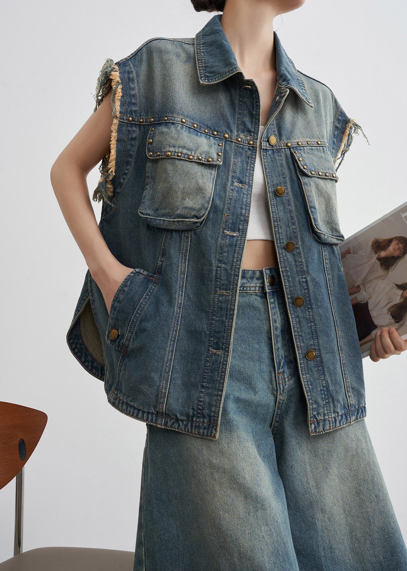 Vintage Blue Nail Bead Button Denim Two-Piece Set Summer