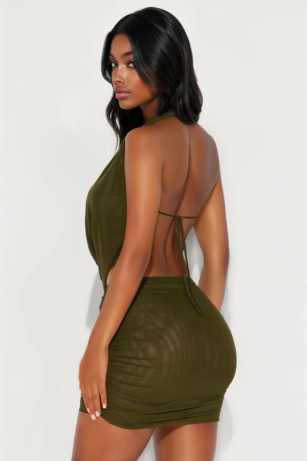 Cowl Neck Halter Open-Back Mesh Ruched Two-Piece Set
