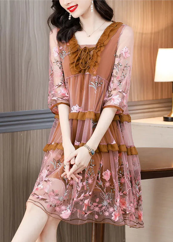 DIY Coffee Embroideried Ruffled Lace Up Organza Dresses Half Sleeve