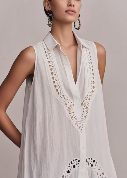 Fashion White Hollow Out Cotton Long Vest Sleeveless