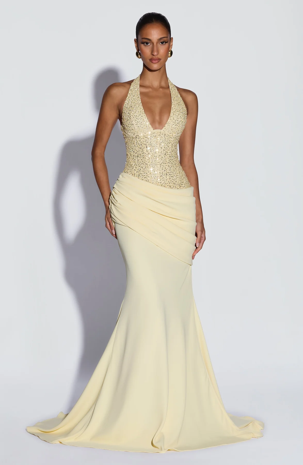 Luxury Champagne Gold Sequin Halter Backless Mermaid Evening Gown | Waist-Cinching Slimming Elegant Long Wedding Guest Dress