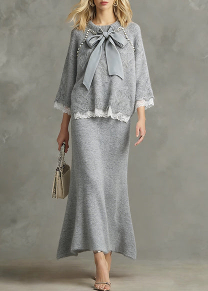 Loose Light Grey Nail Bead Lace Patchwork Knit Two Piece Set Spring