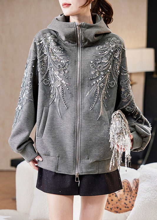Loose Grey Hooded Sequins Nail Bead Cotton Coats Fall