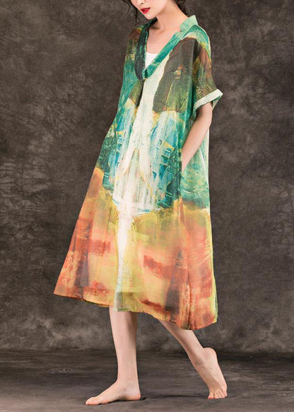 Beautiful green print linen clothes For Women v neck patchwork Maxi summer Dresses