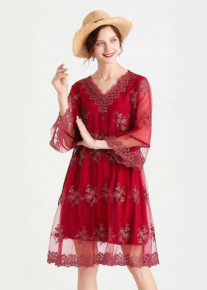 Fine Mulberry V Neck Jacquard Spring Three Quarter Sleeve Dress