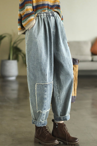 Women Retro Patchwork Embroidery Cotton Harem Jeans
