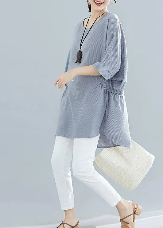 Beautiful gray striped cotton clothes For Women Batwing Sleeve loose summer blouse