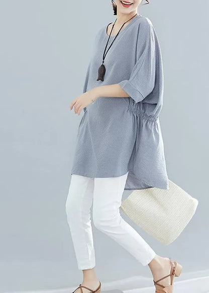 Beautiful gray striped cotton clothes For Women Batwing Sleeve loose summer blouse