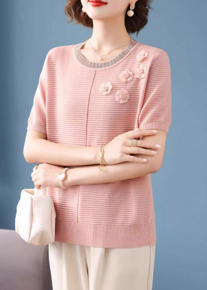Pink O-Neck Patchwork T Shirt Summer