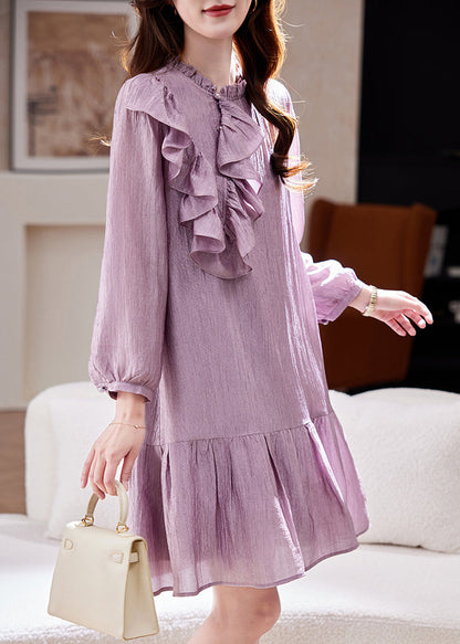 Simple Purple Stand Collar Ruffled Mid Dress Spring