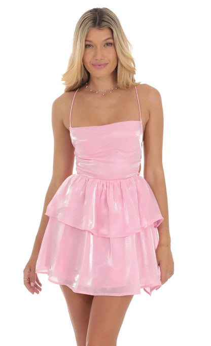 Shimmer Lace Up Dress in Pink