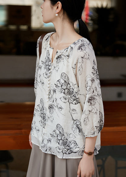 Boho White Oversized Print Cotton Shirts Bracelet Sleeve