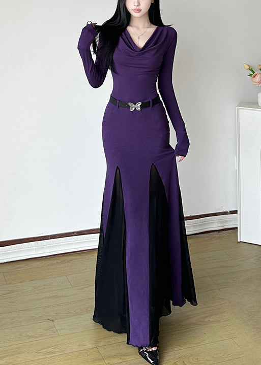 DIY Purple Turtle Neck Patchwork Cotton Party Dress Spring