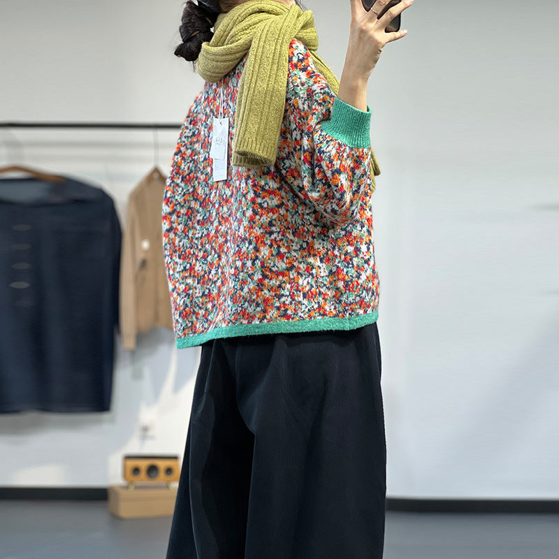 Floral Knit Casual Thick Warm Crew Neck Sweater