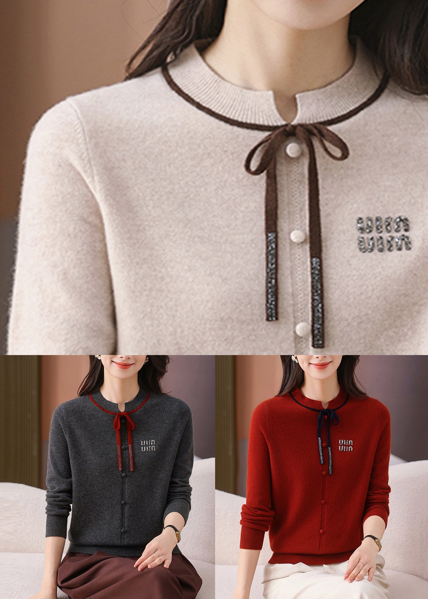 Beige Bow Solid Cozy Woolen Winter Sweater O Neck