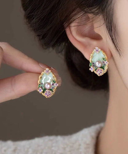 Classy Rainbow Copper Overgild Pearl Floral Stud Earrings